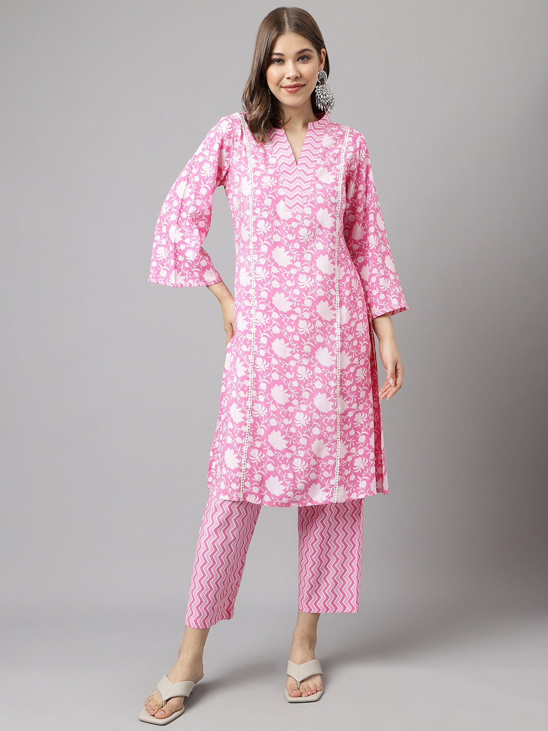 FIORRA Women's Pink Pure Cotton A-line Kurta with Pant